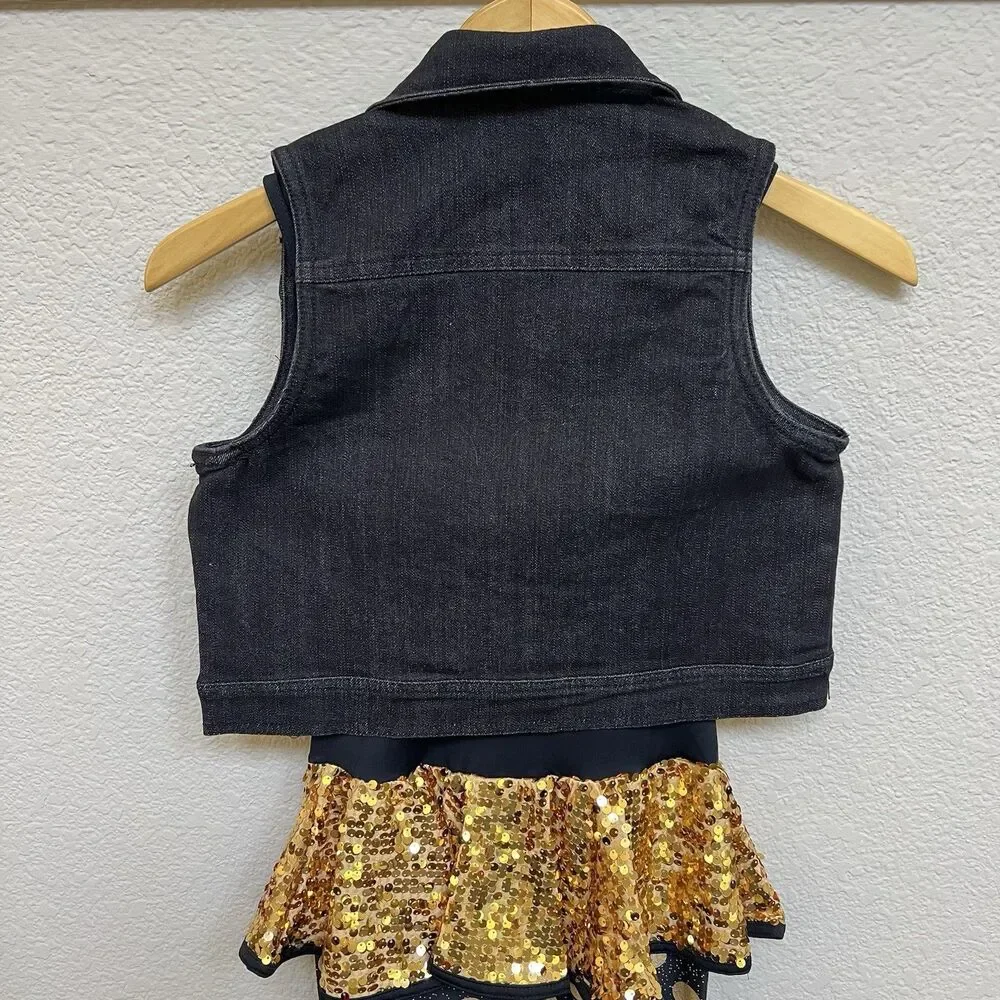Weissman Size Child Medium Gold Digger Dance Costume Black Gold Sequin Jean Vest